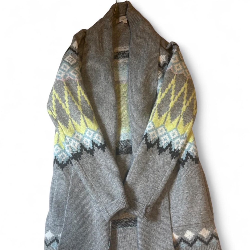 LOFT Gray and Yellow Patterned Cardigan